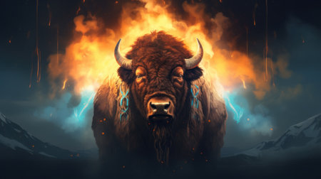 A bison standing in front of a mountain covered in flames. Generative AI image.の素材