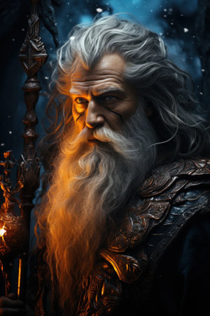 A close up of a person with a long beard. Generative AI image.の素材