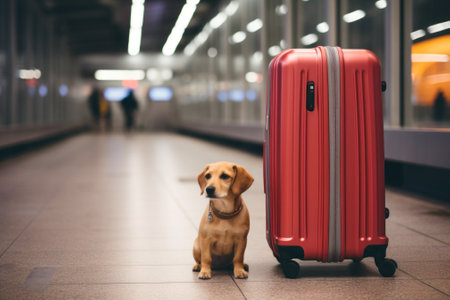 A dog sitting next to a red suitcase. Generative AI image.の素材