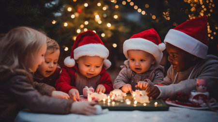 A group of children sitting around a table with candles. Generative AI image.の素材