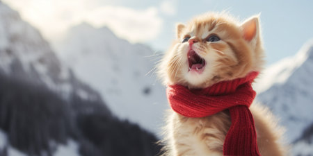A cat wearing a red scarf and yawning. Generative AI image.の素材