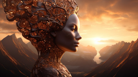 A woman in a golden headdress stands in front of a mountain range. Generative AI image.の素材