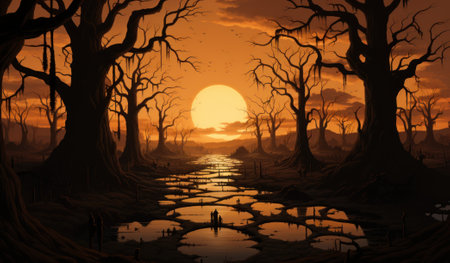 A painting of a man walking through a swamp. Generative AI image.の素材