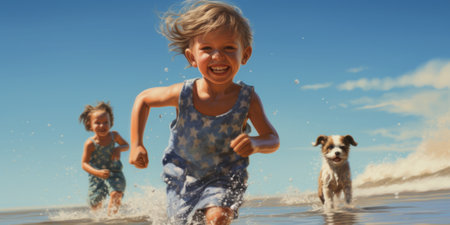 Two children and a dog running on the beach. Generative AI image.の素材