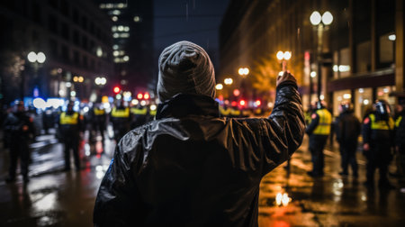 Foto de A man in a black jacket holding an umbrella. Generative AI image. - Imagen libre de derechos