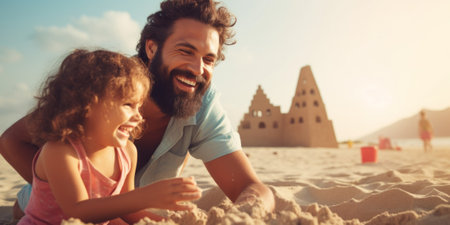 A man and a little girl playing in the sand. Generative AI image.の素材