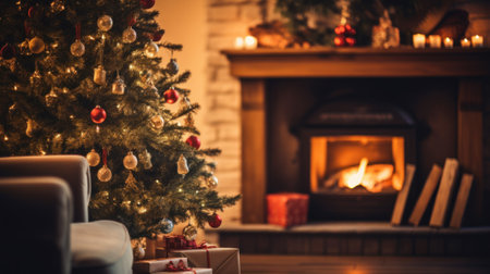 A decorated christmas tree in front of a fireplace. Generative AI image.の素材