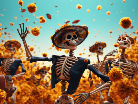 A group of skeletons in a field of yellow flowers. Generative AI image.の素材