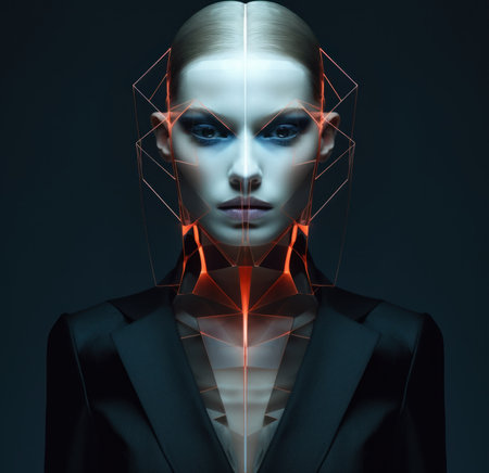 A woman in a suit with a futuristic face. Generative AI image.の素材