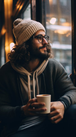 A man with a beard and a hat holding a cup of coffee. Generative AI image.の素材