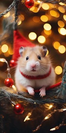 A hamster sitting on top of a christmas tree. Generative AI image.の素材