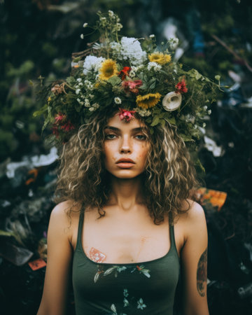 A woman with a flower crown on her head. Generative AI image.の素材