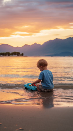 A little boy sitting on the beach playing with a frisbee. Generative AI image.の素材