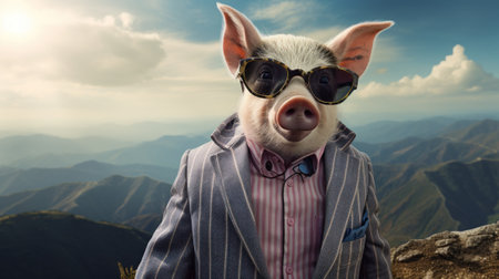 A pig in a suit and sunglasses on a mountain. Generative AI image.の素材