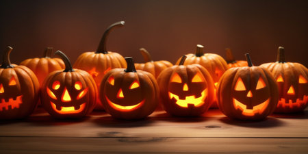 A group of carved pumpkins sitting on top of a wooden table. Generative AI image.の素材