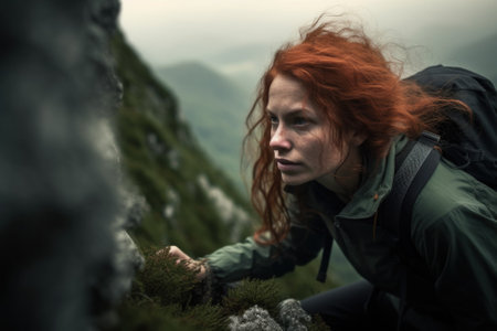 A woman with red hair climbing a mountain. Generative AI image.の素材