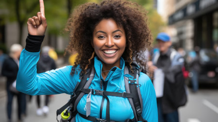 A woman in a blue jacket is holding up a peace sign. Generative AI image.の素材