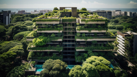 A tall building with a green roof on top of it. Generative AI image.の素材