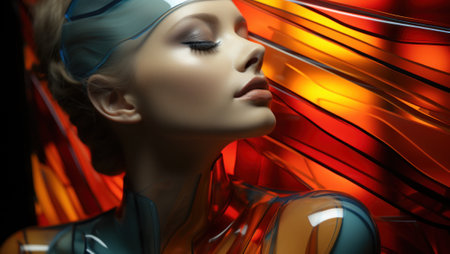 A woman in a shiny dress with a veil over her head. Generative AI image.の素材