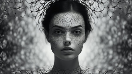 A black and white photo of a womans face. Generative AI image.の素材