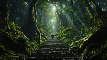 A person walking up a set of stairs in a forest. Generative AI image.の素材