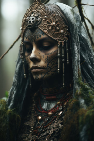 A woman wearing a headdress and a veil. Generative AI image.の素材
