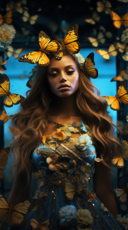 A woman in a blue dress surrounded by butterflies. Generative AI image.の素材