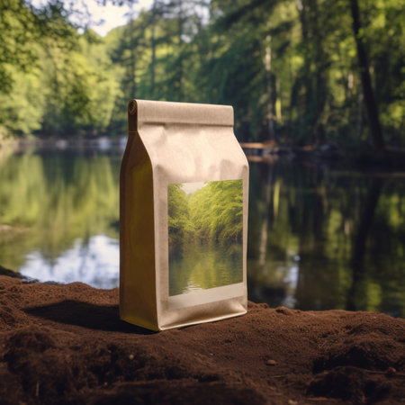 A bag of coffee sitting on top of a pile of dirt. Generative AI image.の素材
