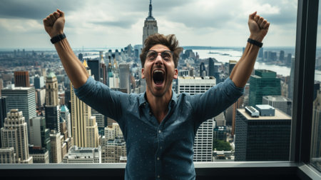 A man standing in front of a window with his hands in the air. Generative AI image.の素材