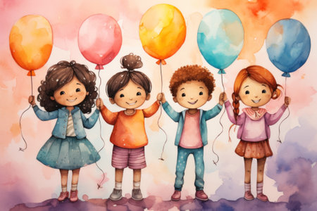 A group of children holding up colorful balloons. Generative AI image.の素材