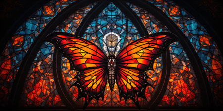 A stained glass window with a butterfly on it. Generative AI image.の素材