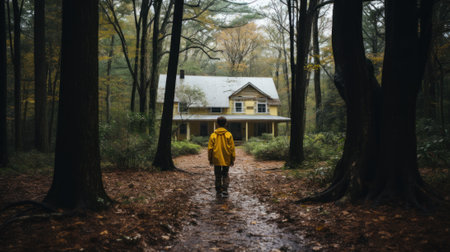A person in a yellow jacket walking down a path in the woods. Generative AI image.の素材