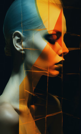 A womans face with a multicolored background. Generative AI image.の素材