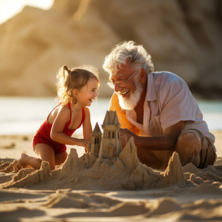 A man and a little girl playing in the sand. Generative AI image.の素材