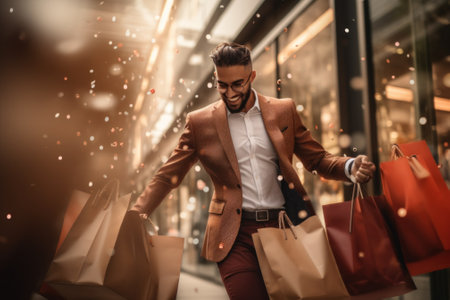 A man in a suit is walking down the street with shopping bags. Generative AI image.の素材
