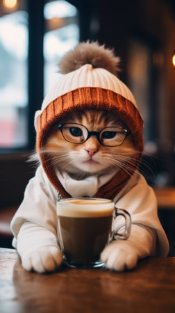 A cat wearing a hat and glasses holding a cup of coffee. Generative AI image.の素材