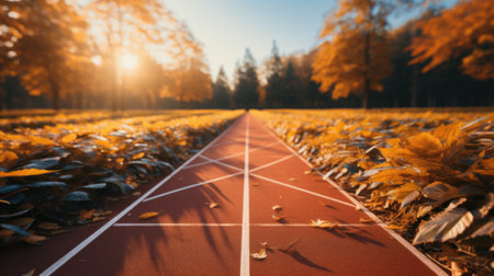 A red track running through a field of leaves. Generative AI image.の素材