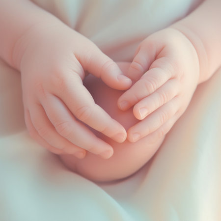 A close up of a person holding a babys hand. Generative AI image.の素材