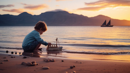 A little boy playing with a toy boat on the beach. Generative AI image.の素材