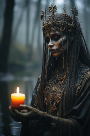A woman dressed as a witch holding a candle. Generative AI image.の素材