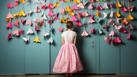 A little girl standing in front of a wall covered in paper butterflies. Generative AI image.の素材