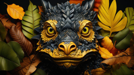 A close up of a statue of a bird surrounded by leaves. Generative AI image.の素材