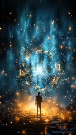 A man standing in front of a firework circle. Generative AI image.の素材