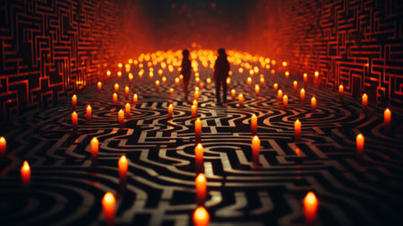 A person standing in front of a maze with candles. Generative AI image.の素材