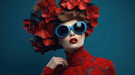 A woman in a red dress and sunglasses with flowers on her head. Generative AI image.の素材