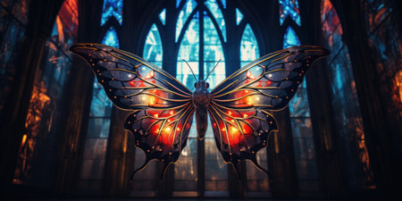 A large butterfly sculpture in front of a stained glass window. Generative AI image.の素材