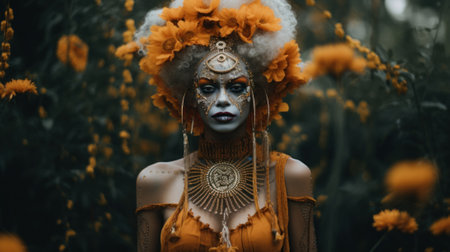 A woman in a yellow dress with flowers on her head. Generative AI image.の素材