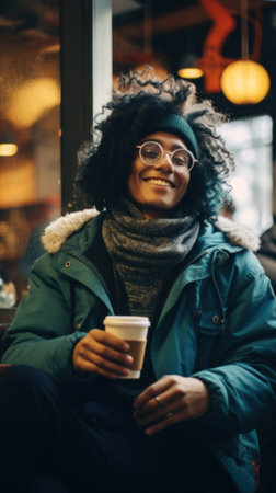 A woman sitting on a bench holding a cup of coffee. Generative AI image.の素材