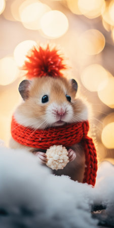 A hamster wearing a red scarf and hat. Generative AI image.の素材
