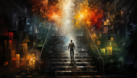 A painting of a man walking up a flight of stairs. Generative AI image.の素材